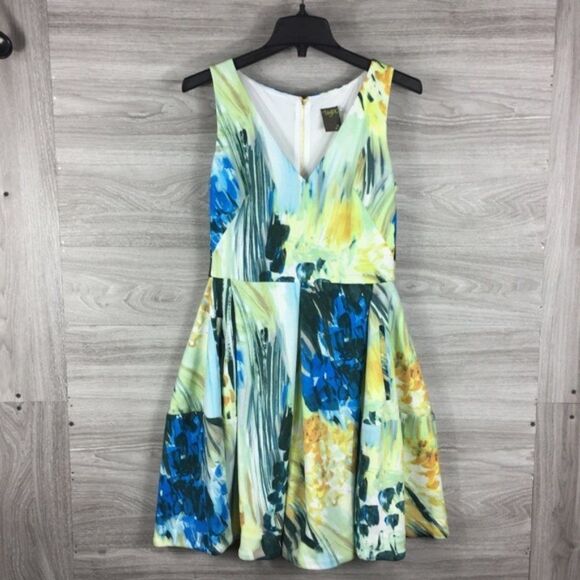 Taylor Blue Yellow Abstract Floral Flare Dress - Picture 1 of 5